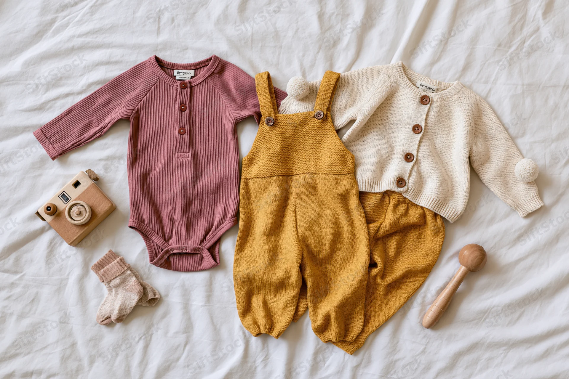 Baby clothing and accessories arranged on a white bedsheet in flatlay style