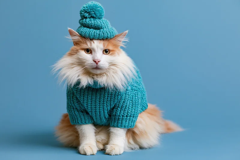 Fluffy white and ginger cat sitting upright wearing teal knit sweater and matching beanie on blue background