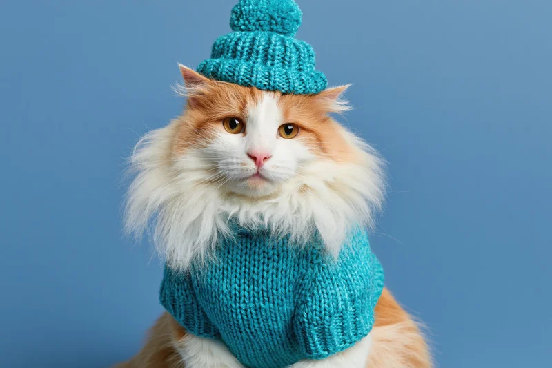 Fluffy ginger and white cat wearing teal knit sweater and hat, sitting upright against blue background