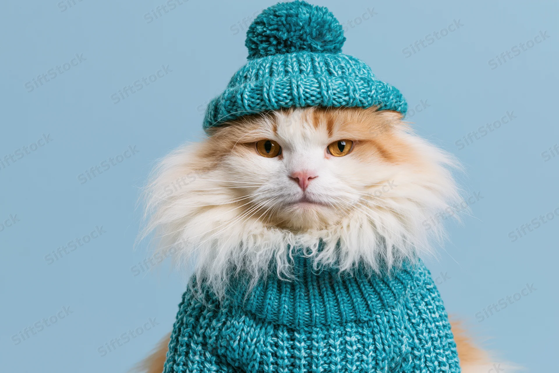 Fluffy white and ginger cat wearing teal knit sweater and beanie, studio portrait