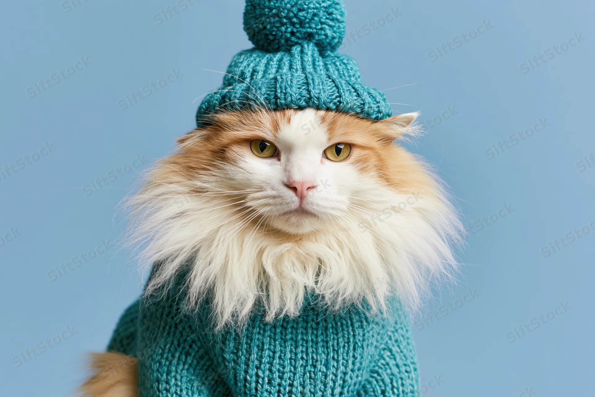 Fluffy longhaired ginger and white cat wearing teal knit hat and sweater, sitting upright against blue background