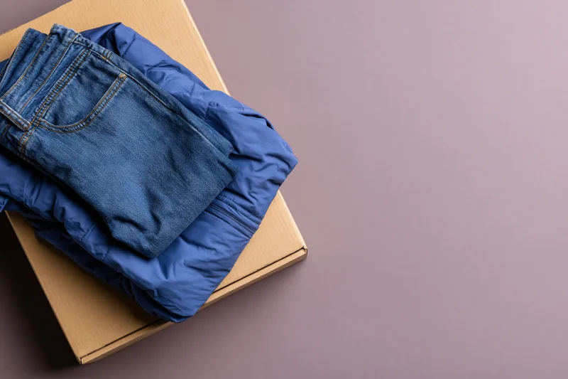 Folded blue denim jeans and royal blue puffer jacket stacked on cardboard box on muted purple surface