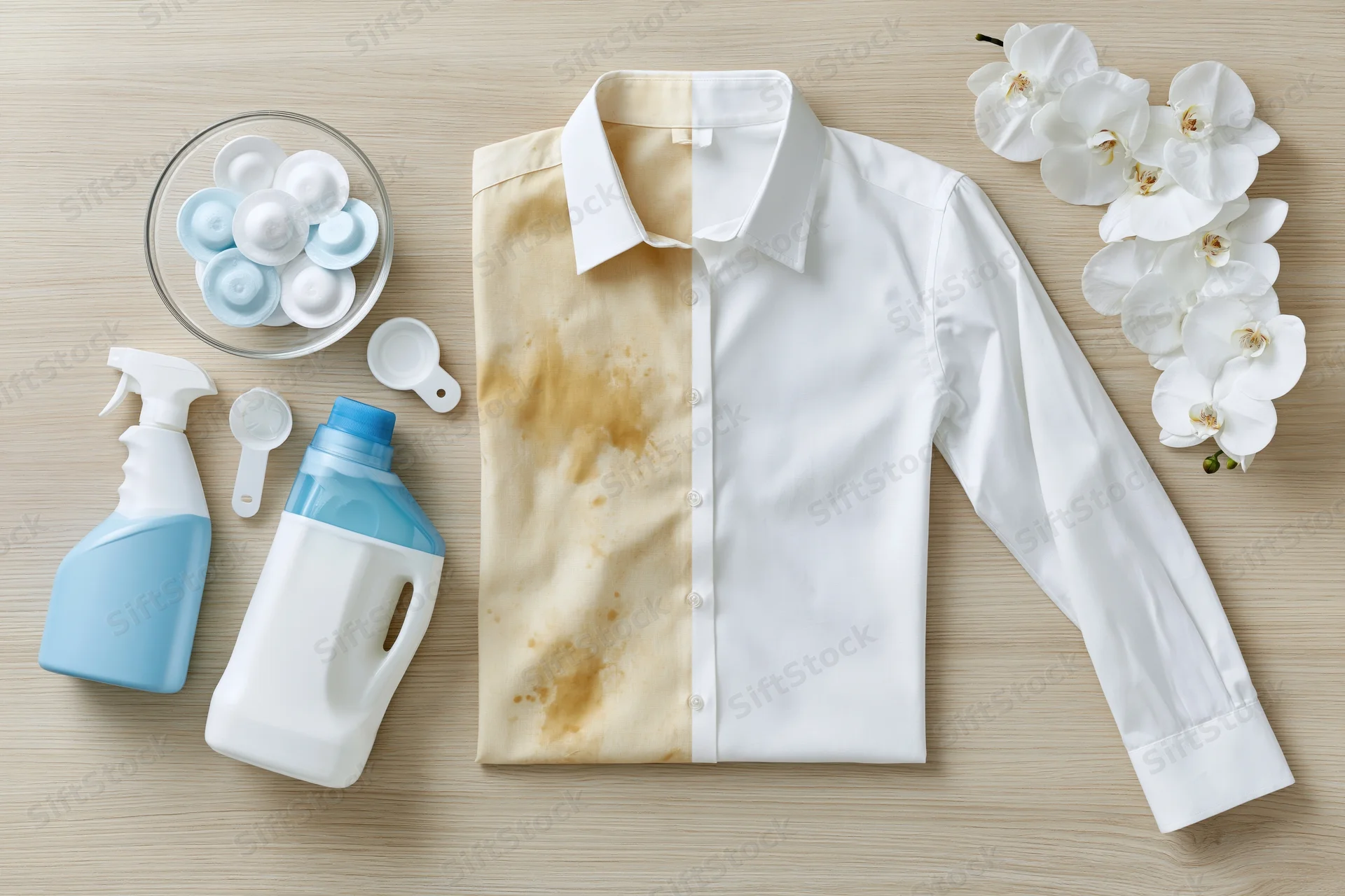 Folded white dress shirt split down the middle showing stained half and clean half on wooden surface with cleaning products and flowers nearby