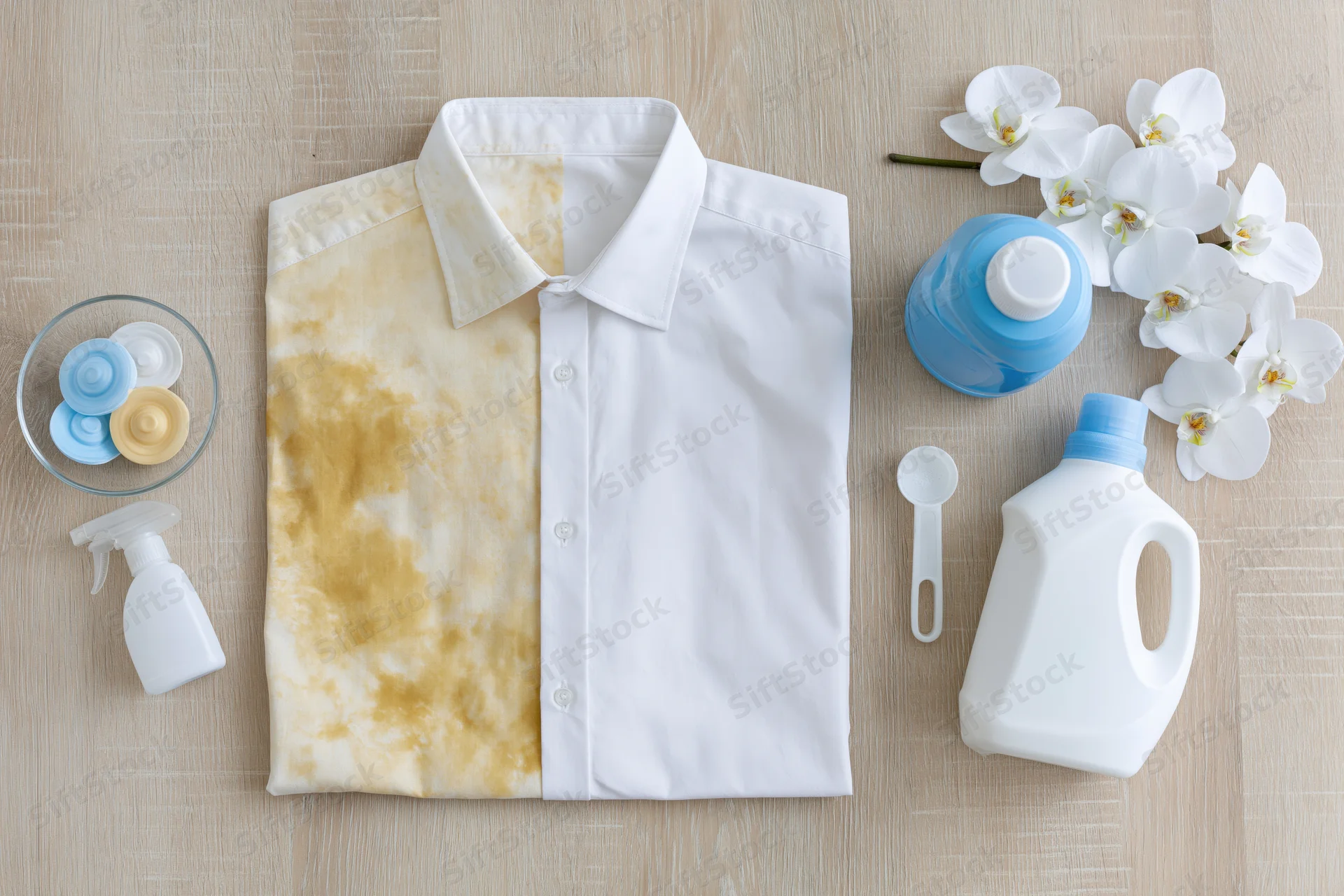 Folded white dress shirt split down the middle showing stained and clean halves on wooden surface with laundry products and flowers