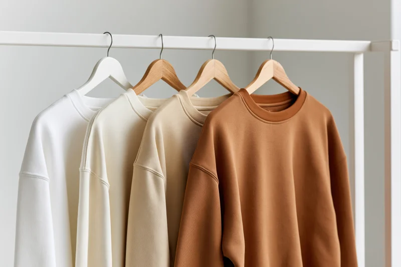 Four neutral-colored sweatshirts hanging on a white clothing rack in a minimalist setting