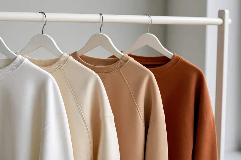 Four casual sweatshirts in neutral tones hanging on a white wooden rack in a minimalist interior
