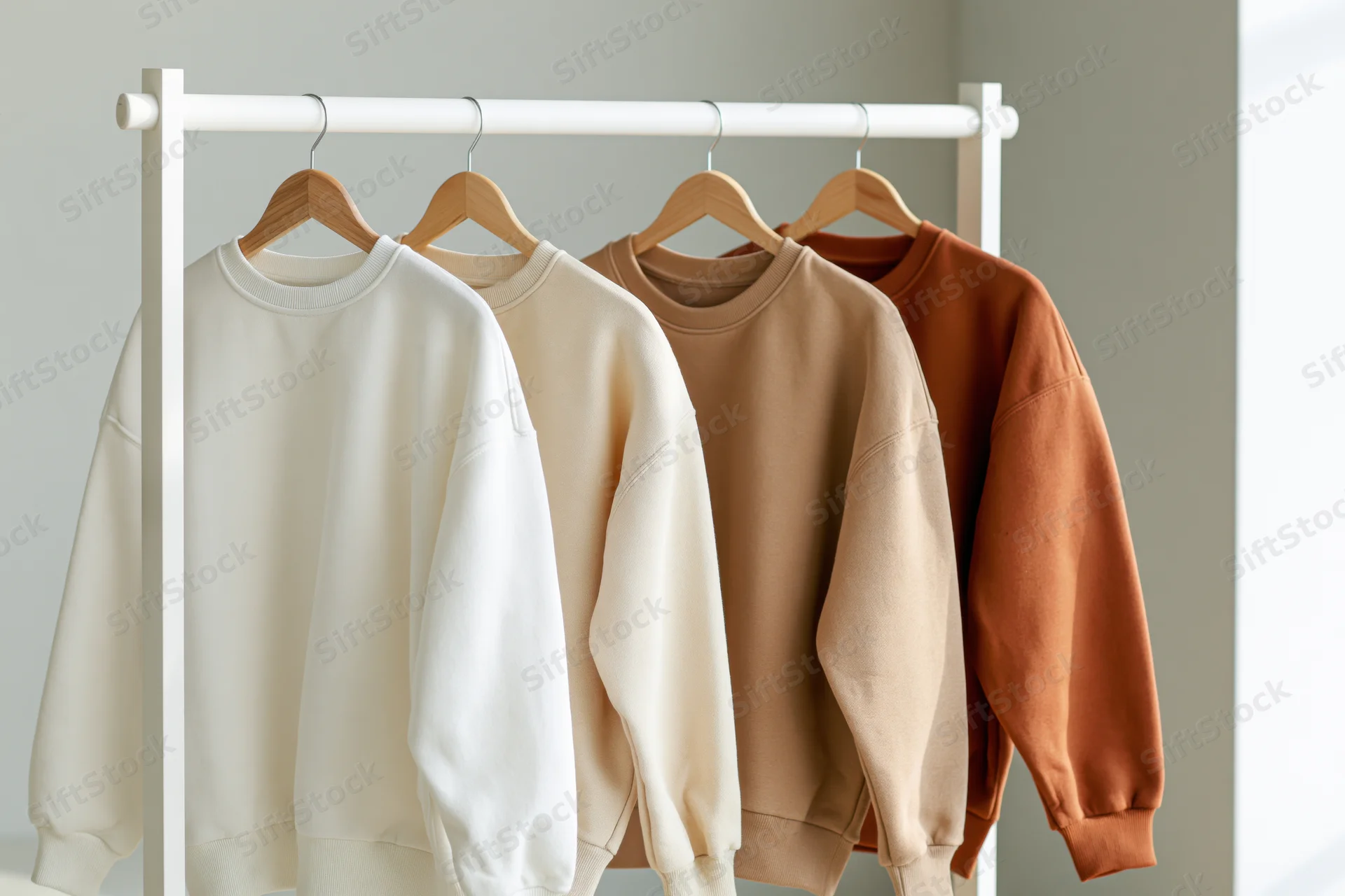 Four casual sweatshirts in neutral tones hanging on a white clothing rack in a minimalist interior