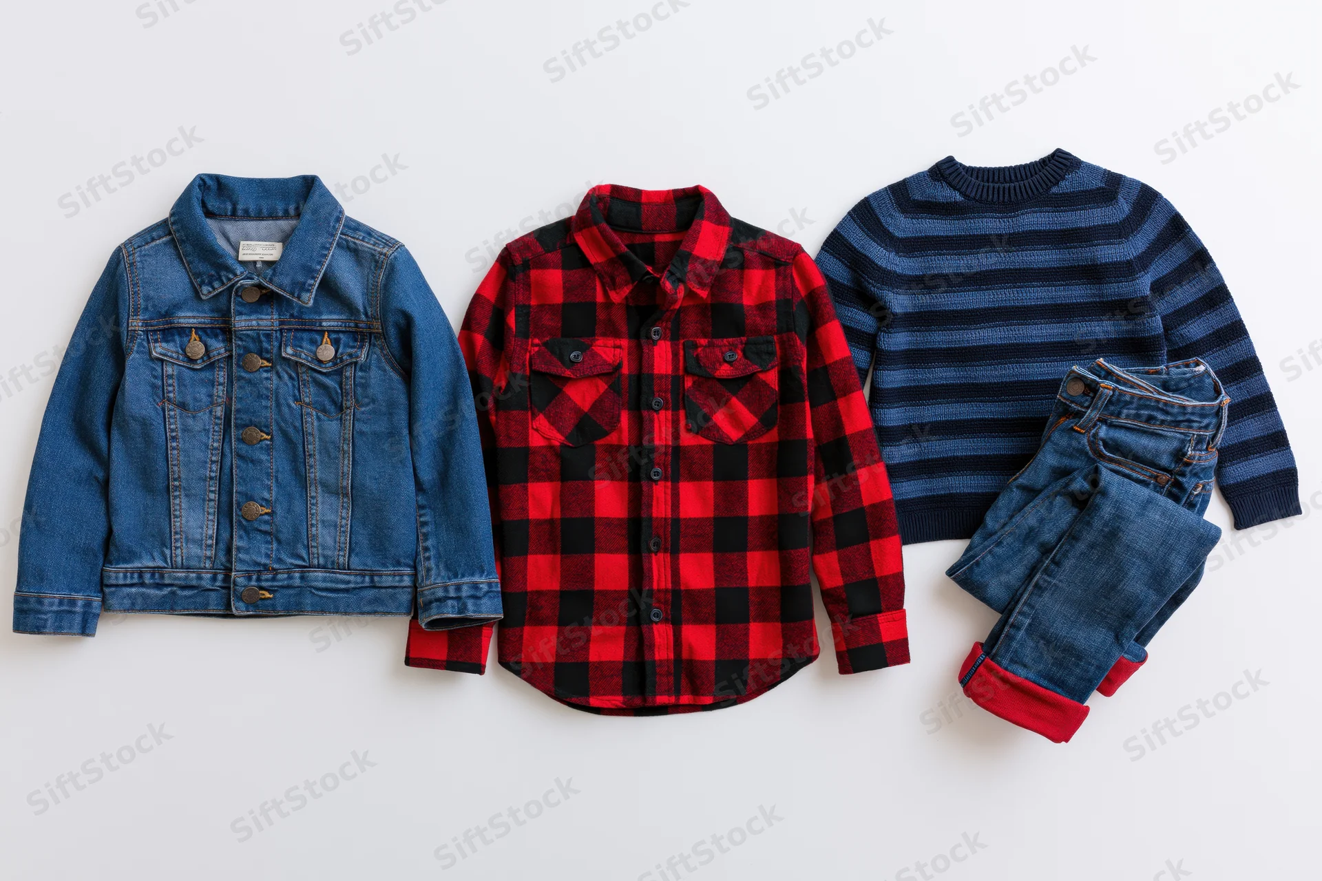 Childrens clothing items including denim jacket, flannel shirt, striped sweater and jeans laid flat on white background