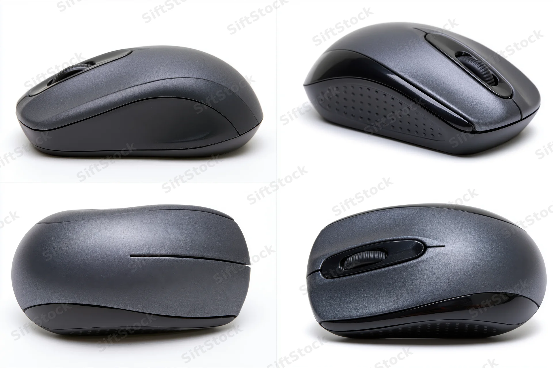 Four views of a dark grey wireless computer mouse on white background