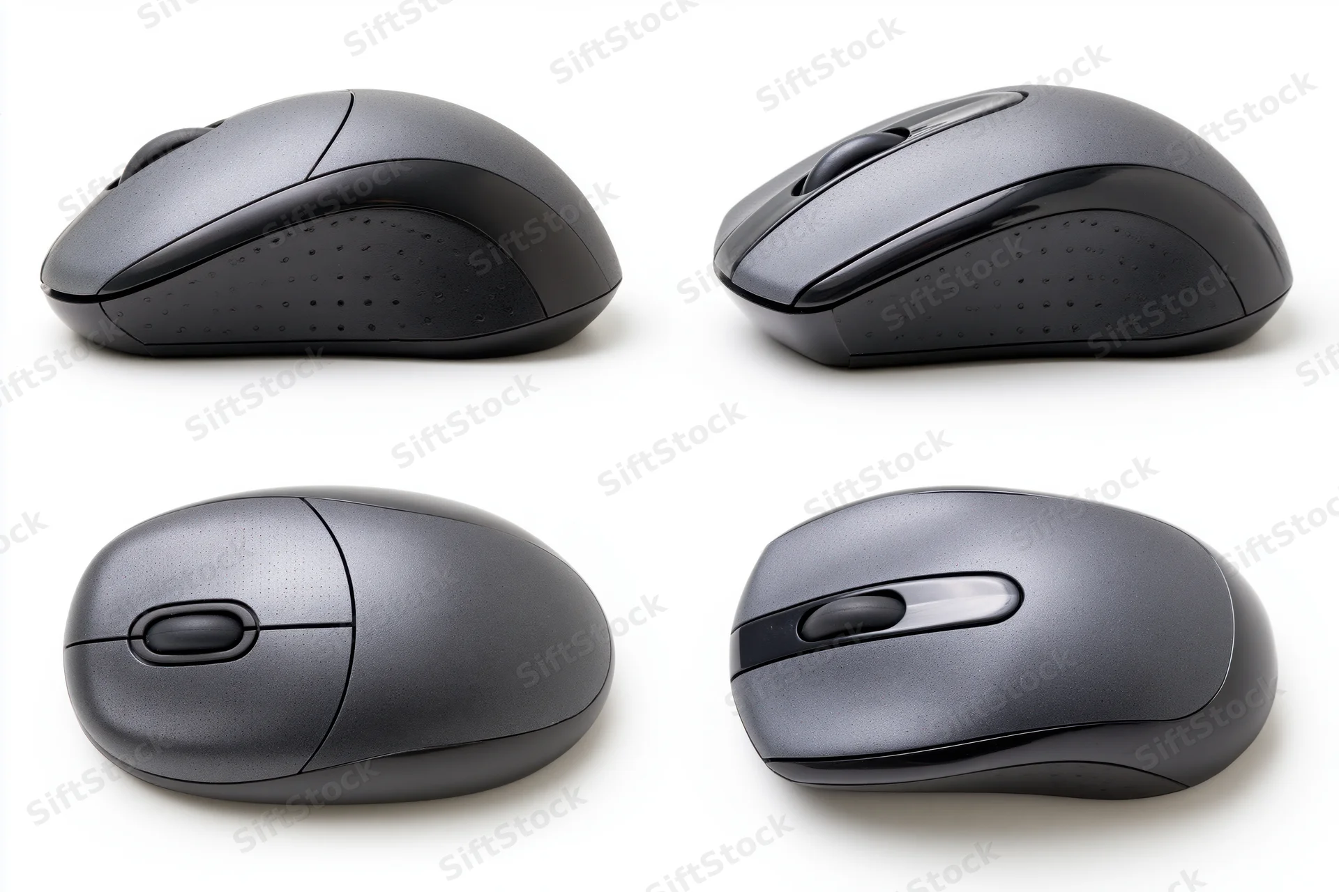 Four product views of a dark grey wireless computer mouse on white background