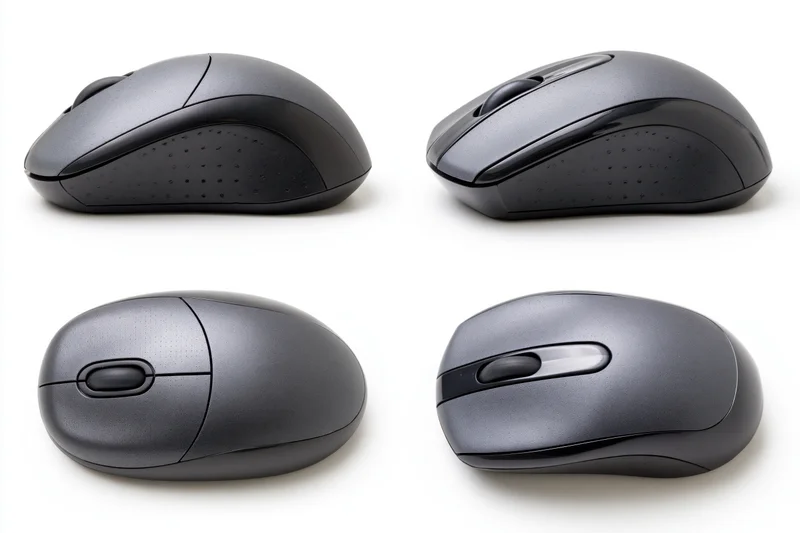 Four product views of a dark grey wireless computer mouse on white background