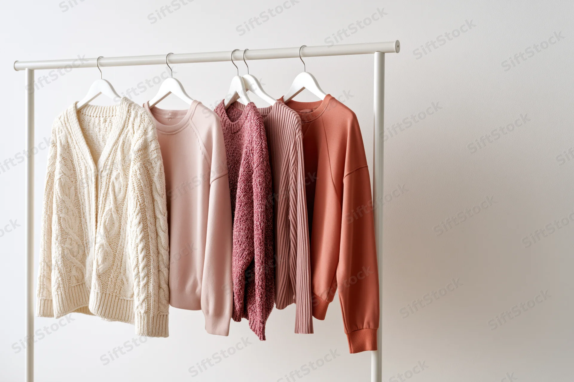 Five women's sweaters and cardigans in soft pastel tones hanging on a minimalist white rack against a plain wall