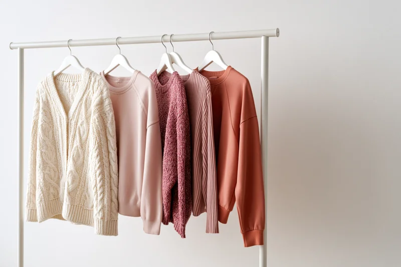 Five women's sweaters and cardigans in soft pastel tones hanging on a minimalist white rack against a plain wall
