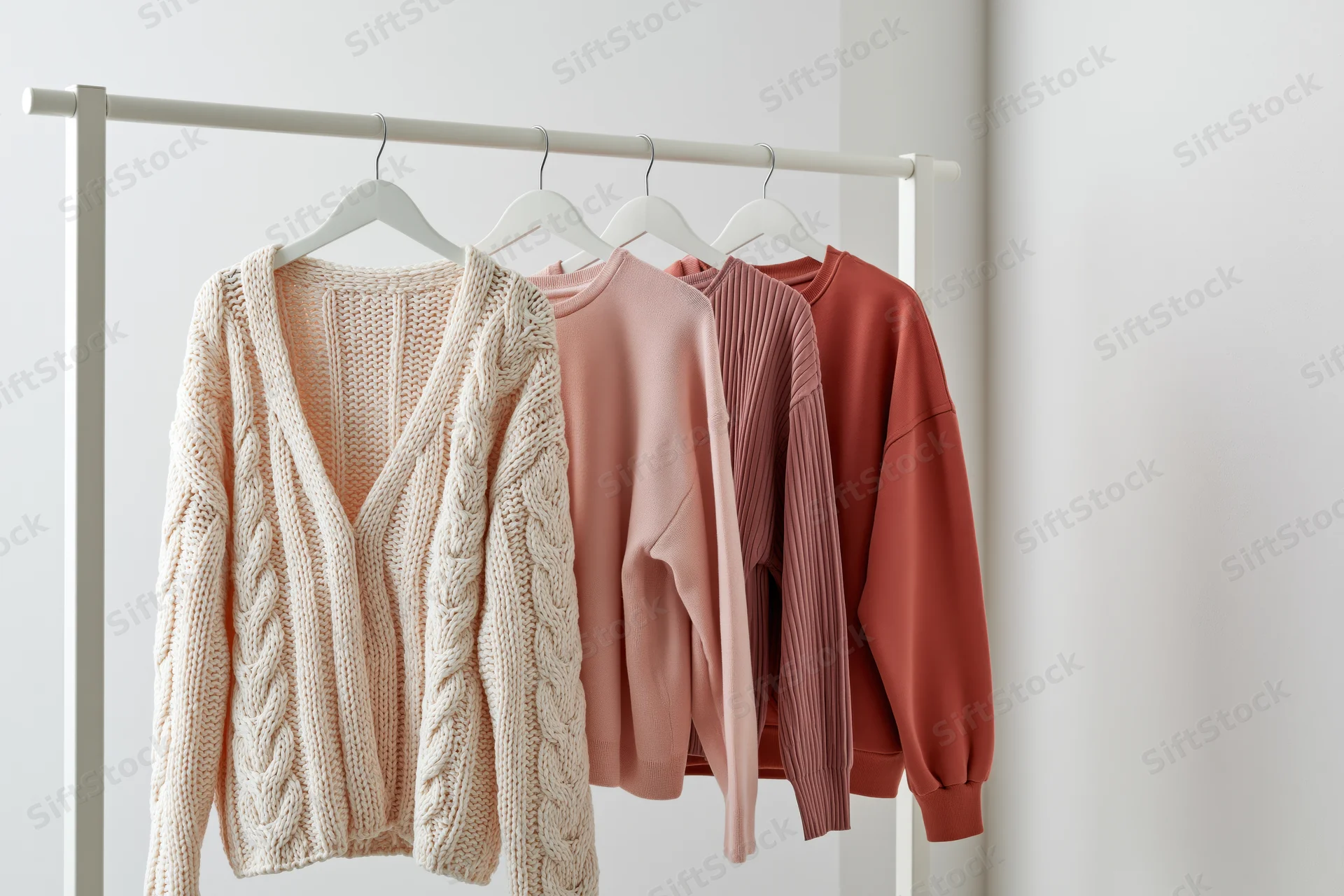 Four women's sweaters and cardigans hanging on a minimalist white rack in a bright room