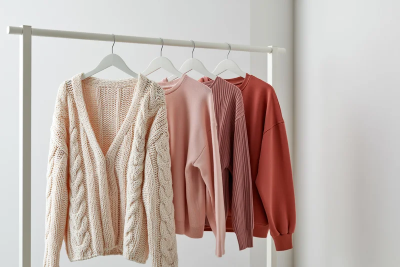 Four women's sweaters and cardigans hanging on a minimalist white rack in a bright room