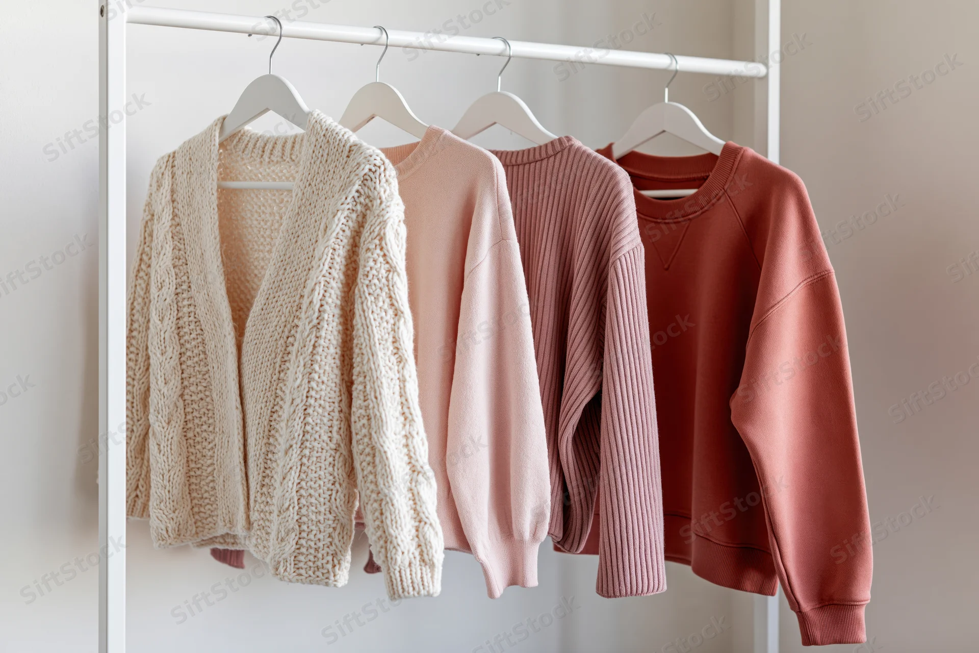 Four women's sweaters and a cardigan hanging on a white rack in a minimalist room