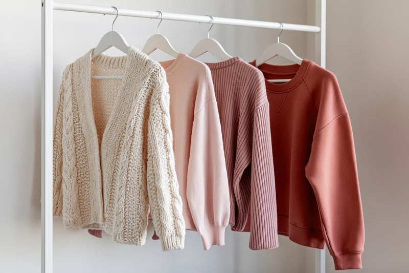 Four women's sweaters and a cardigan hanging on a white rack in a minimalist room