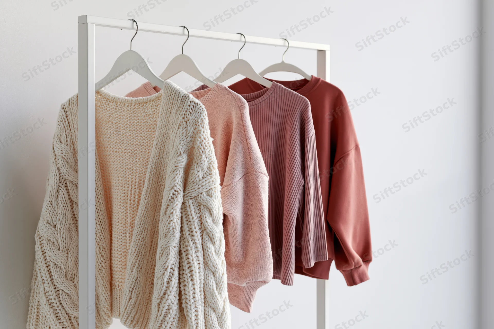 Four women's sweaters and cardigans hanging on a minimalist white rack against a plain wall