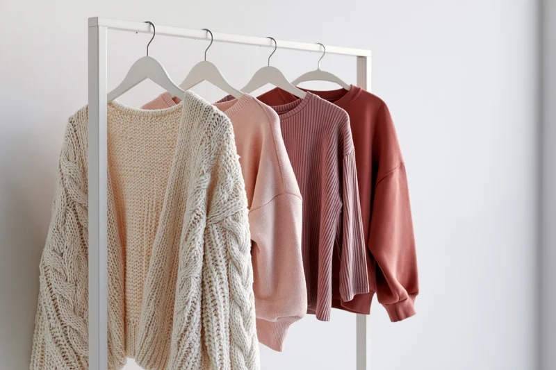 Four women's sweaters and cardigans hanging on a minimalist white rack against a plain wall