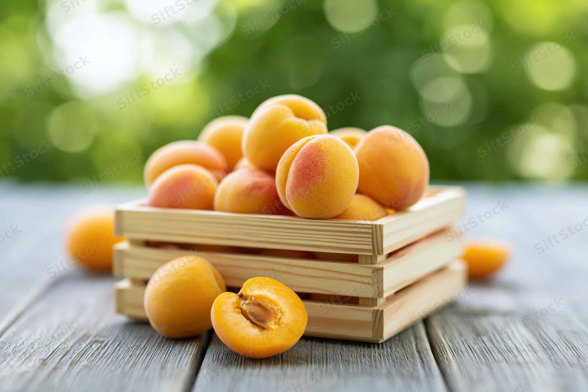 Fresh apricots piled in a wooden crate on a weathered table outdoors