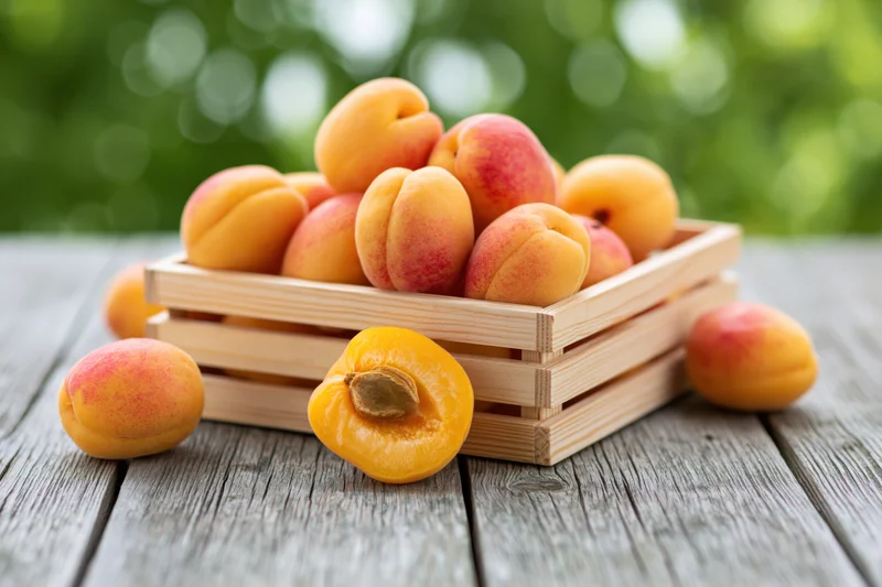 Fresh apricots piled in a small wooden slat crate on a weathered wooden table outdoors