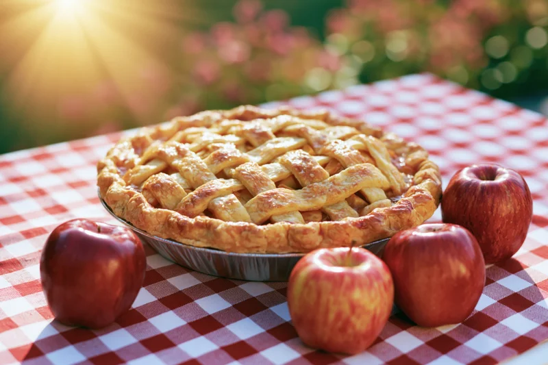 Freshly baked apple pie with golden lattice crust on a red and white checkered tablecloth outdoors