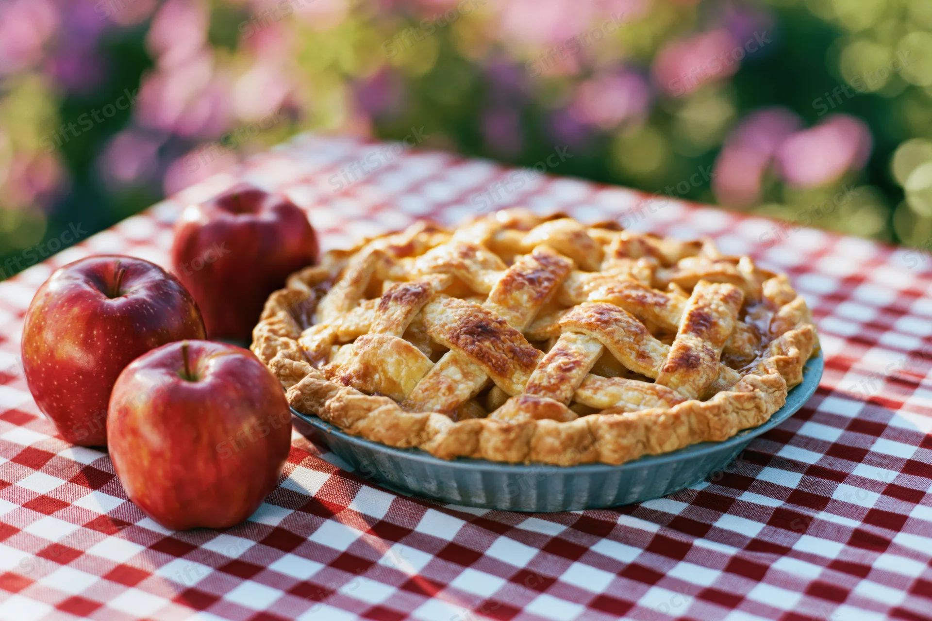 Freshly baked apple pie with golden lattice crust on a red and white checkered tablecloth outdoors