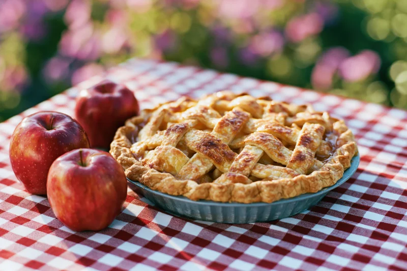 Freshly baked apple pie with golden lattice crust on a red and white checkered tablecloth outdoors