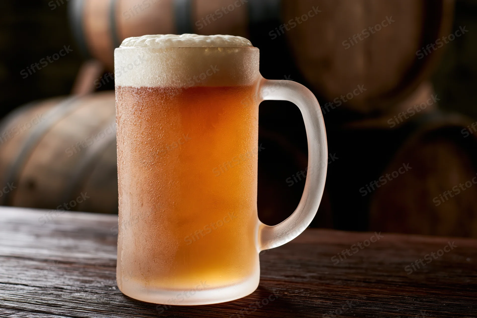 Frosted glass beer mug filled with pale lager and thick foam on wooden table with barrels in background