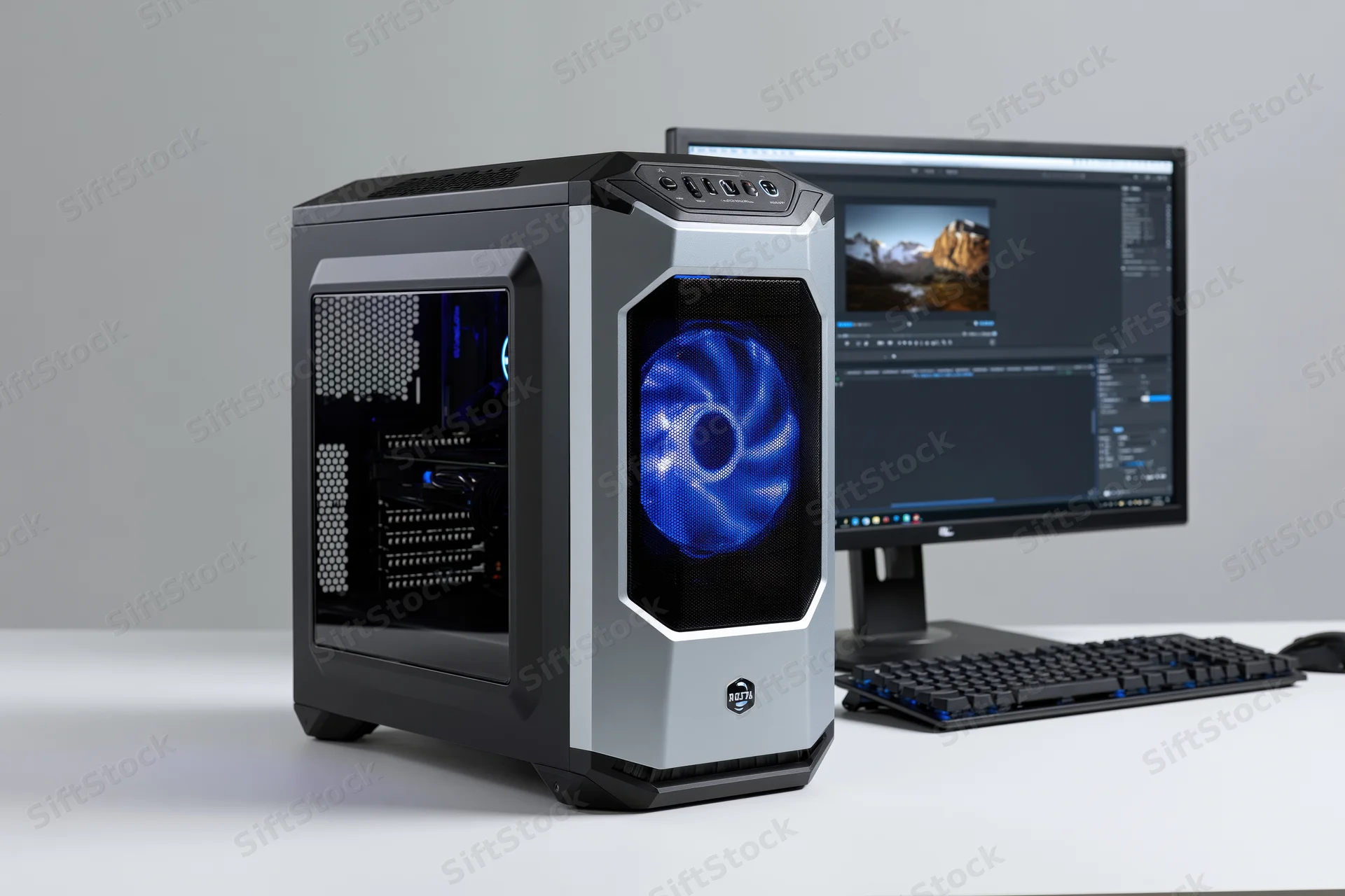 Gaming desktop pc with black and silver tower case and monitor on white desk