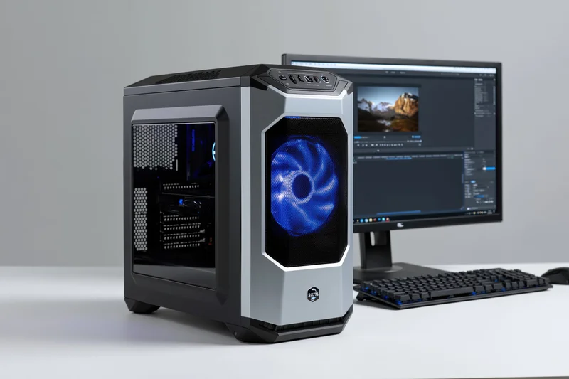 Gaming desktop pc with black and silver tower case and monitor on white desk