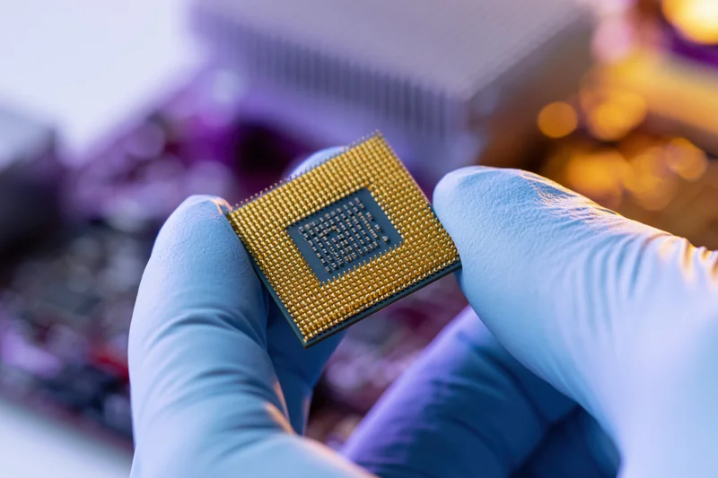 Gloved hand holding a gold cpu processor chip with pins visible against blurred electronic components background