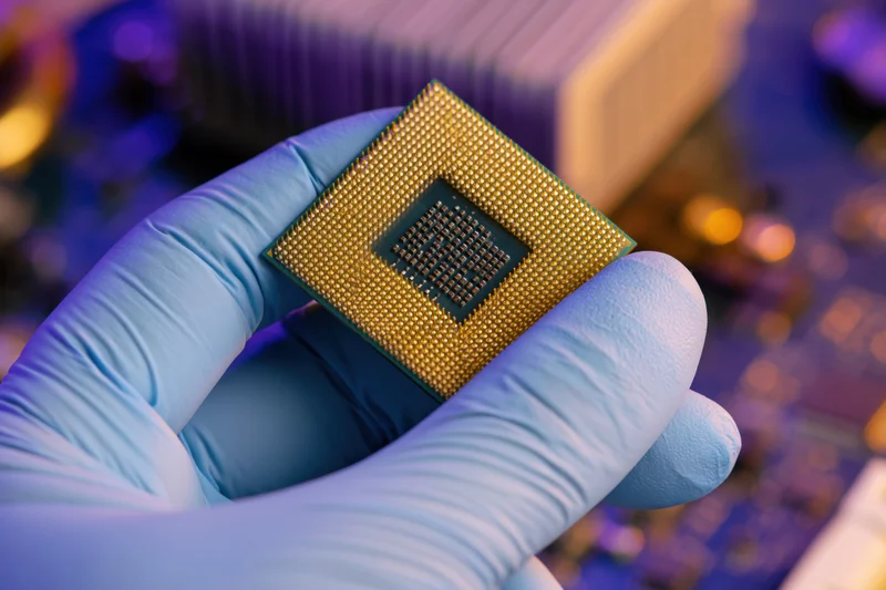Gloved hand holding a gold cpu processor chip with pin grid array in a tech lab setting