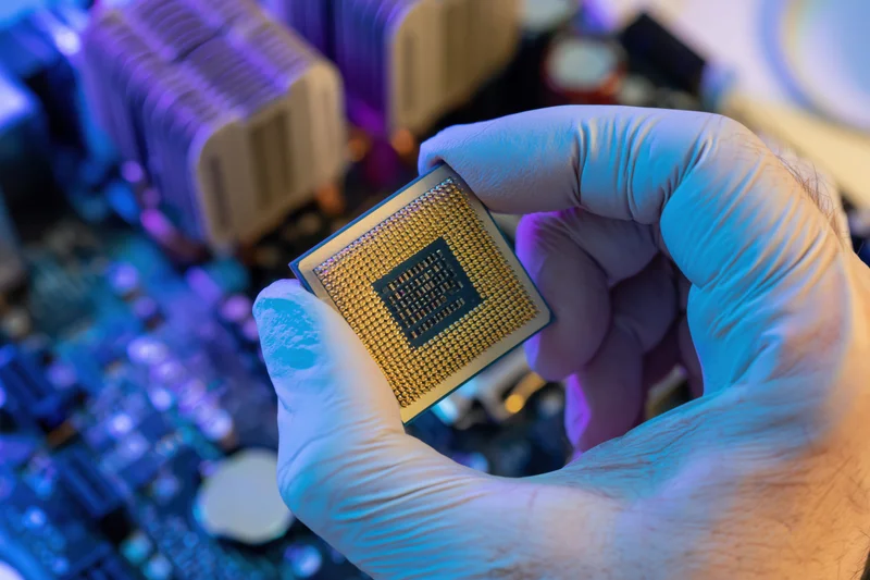 Gloved hand holding a cpu processor chip over a motherboard