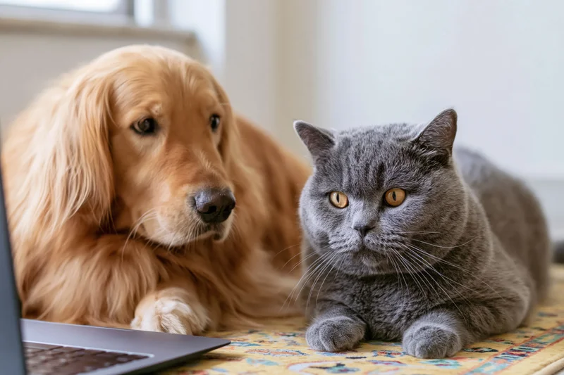 Golden retriever and grey british shorthair cat lying together on rug beside laptop indoors