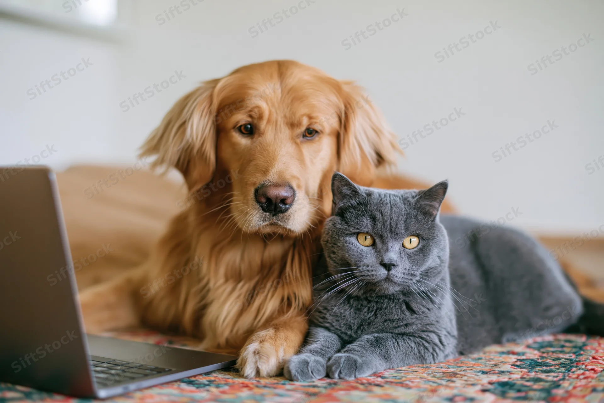 Golden retriever and grey cat lying together on a bed beside a laptop