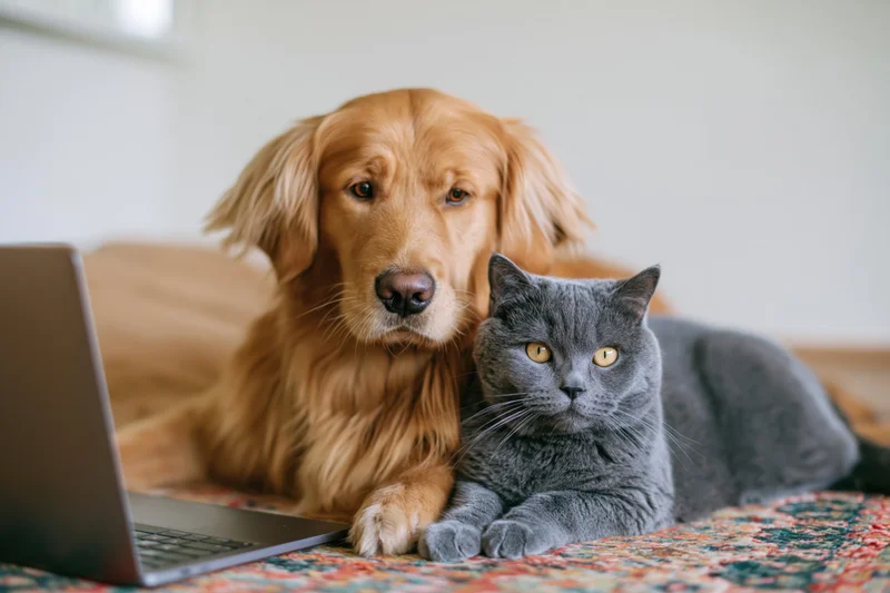 Golden retriever and grey cat lying together on a bed beside a laptop