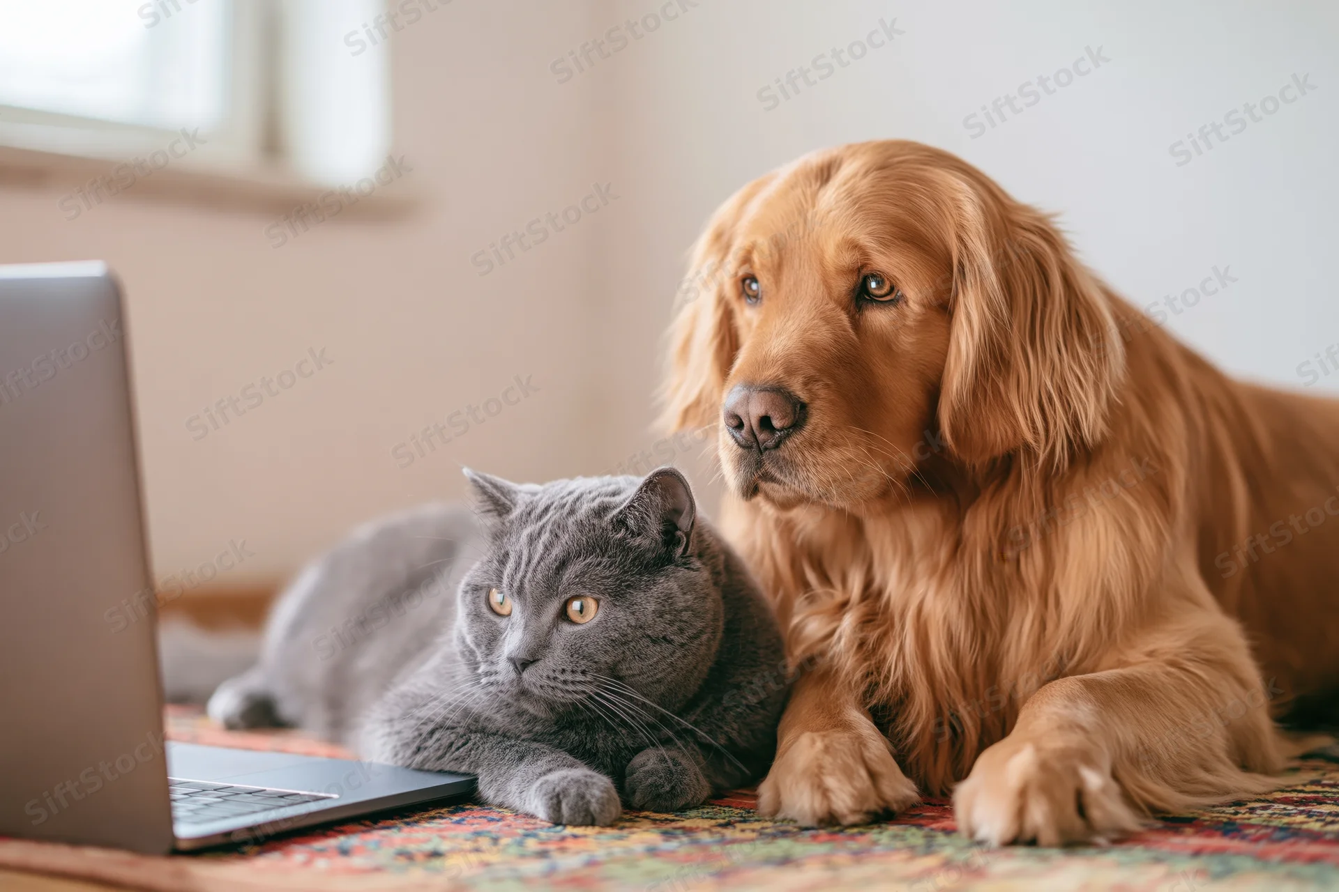 Golden retriever and grey british shorthair cat lying together on rug beside laptop in home interior