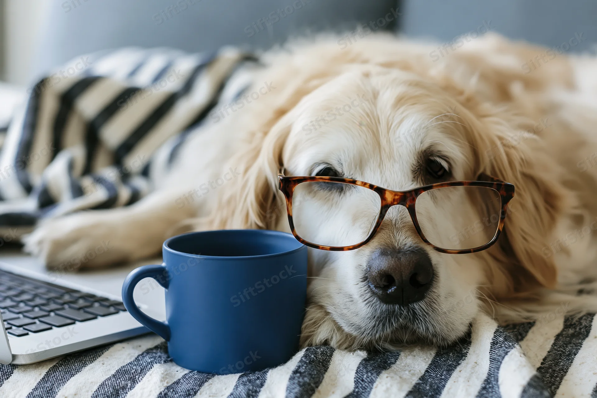 Golden retriever wearing tortoiseshell glasses resting on striped blanket beside laptop and blue mug