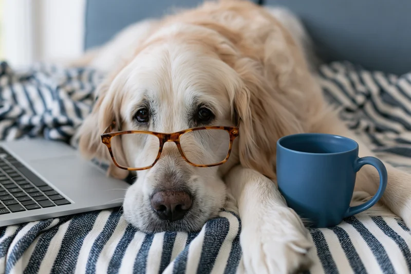 Golden retriever wearing glasses lying on striped blanket beside laptop and mug in bed