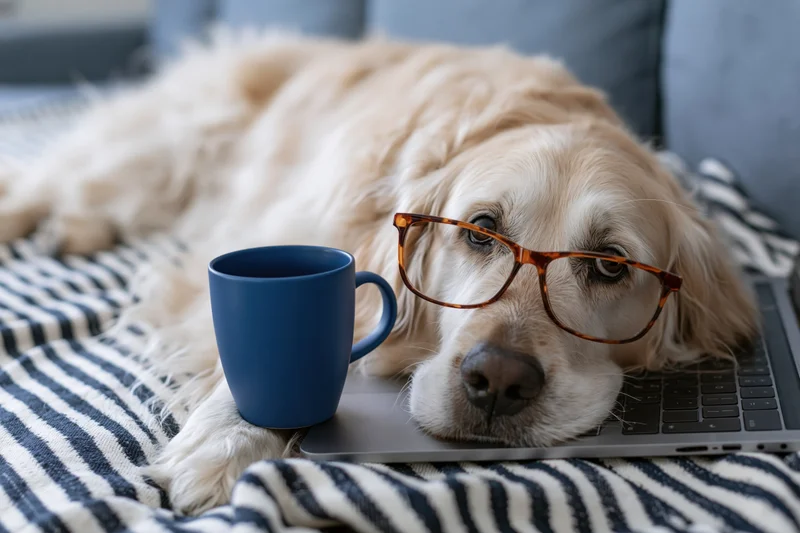 Golden retriever wearing glasses resting on laptop with mug on striped blanket on couch
