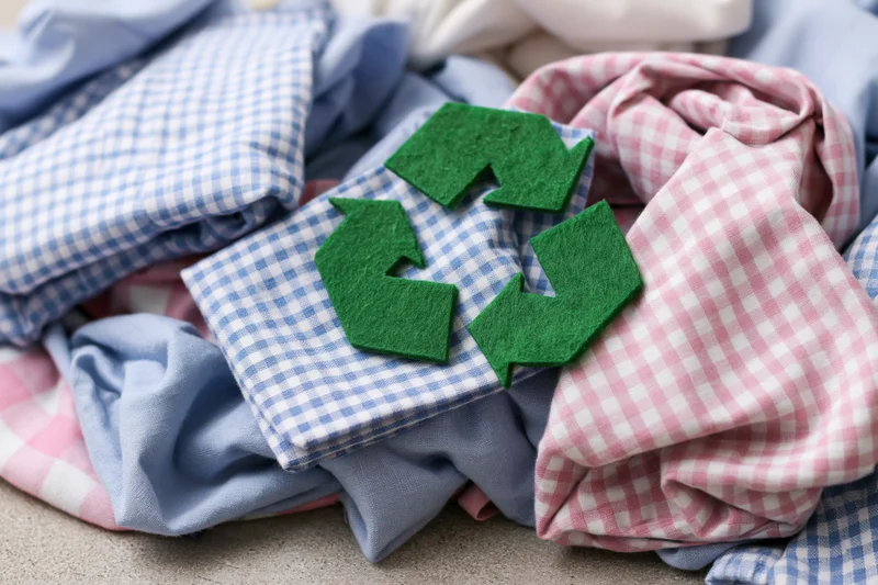 Green felt recycling symbol on a pile of checkered and solid cotton clothing