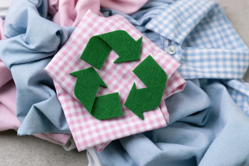 Green felt recycling symbol on a pile of folded clothes in pink and blue patterns
