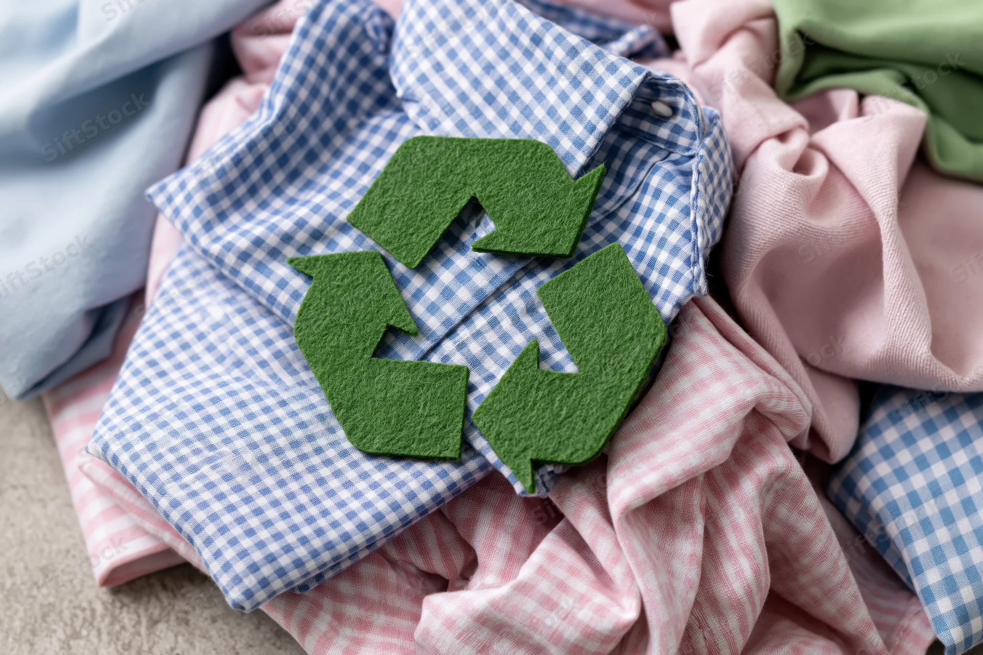 Green felt recycling symbol on a pile of folded and crumpled clothing in pastel colors