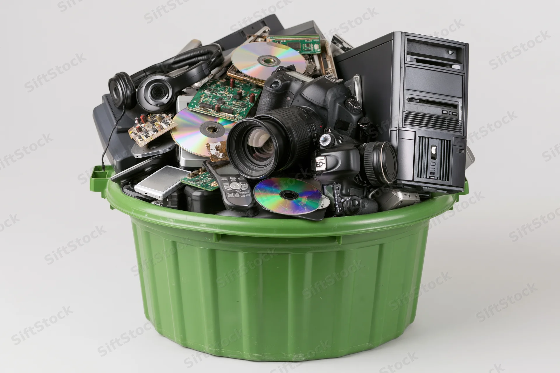 Green plastic bin overflowing with discarded electronics and tech components
