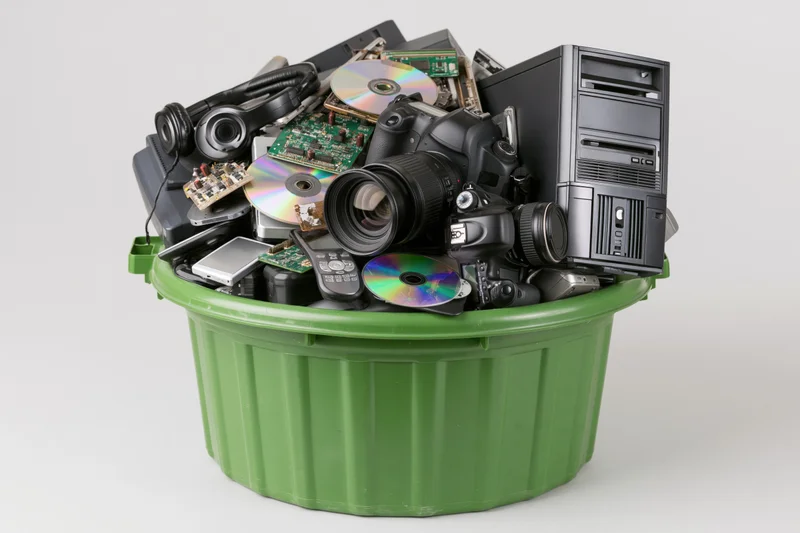 Green plastic bin overflowing with discarded electronics and tech components