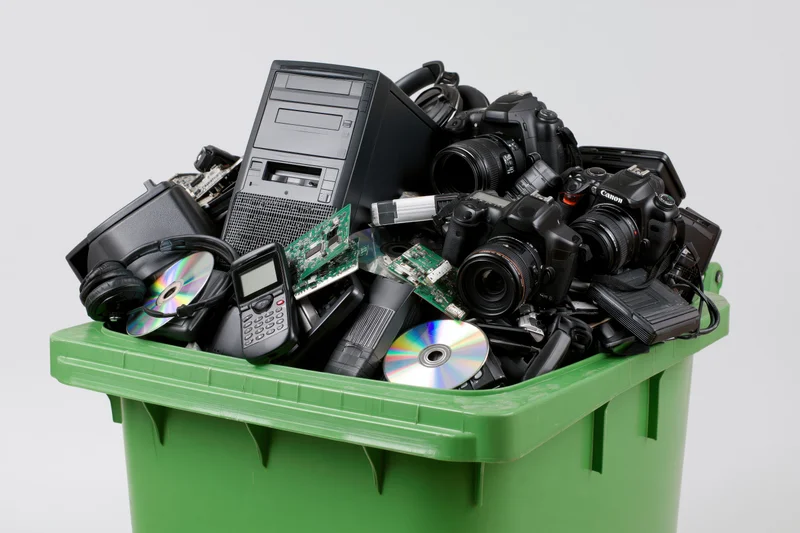 Green plastic bin overflowing with discarded electronics and digital devices