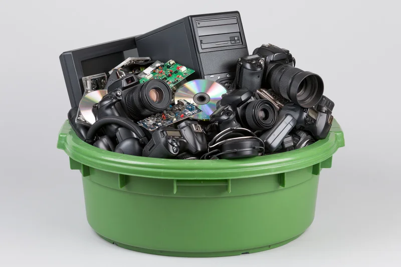 Green plastic bin overflowing with discarded electronics including cameras, monitors, and circuit boards