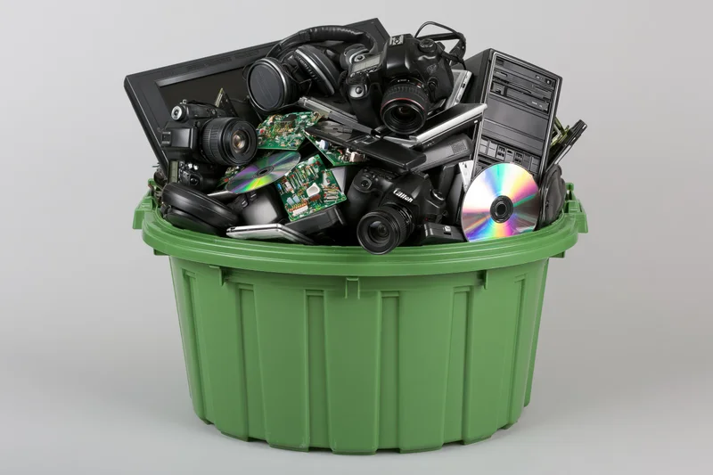 Green plastic bin overflowing with discarded electronics including cameras, laptops, and circuit boards