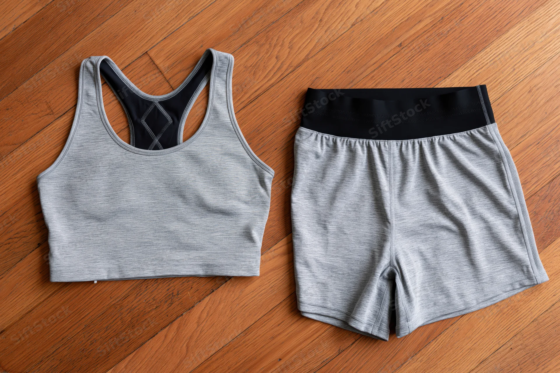 Grey marl sports bra and matching athletic shorts laid flat on wooden floor